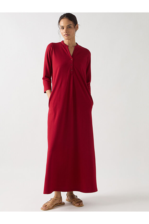 Red Cotton Knit Maxi Dress with 3/4 Sleeves