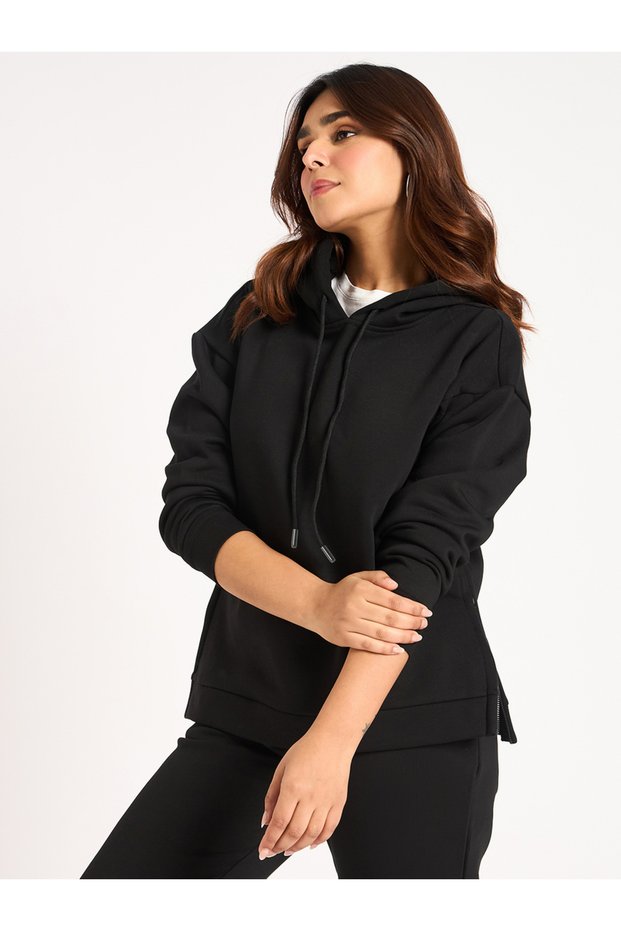 Black Side Zip Detail Fleece Hoodie