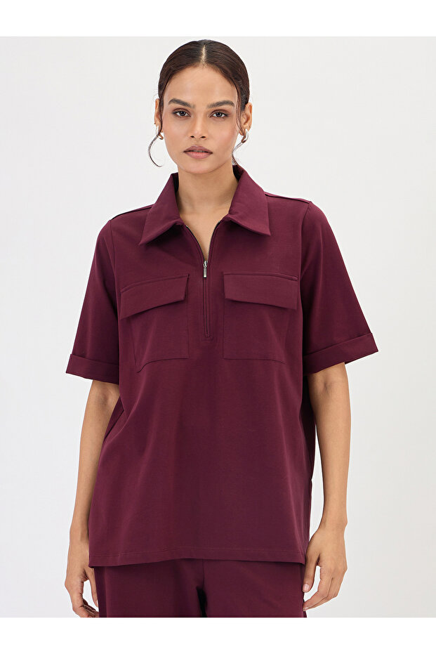 Burgundy Zipper Top with Chest Pockets