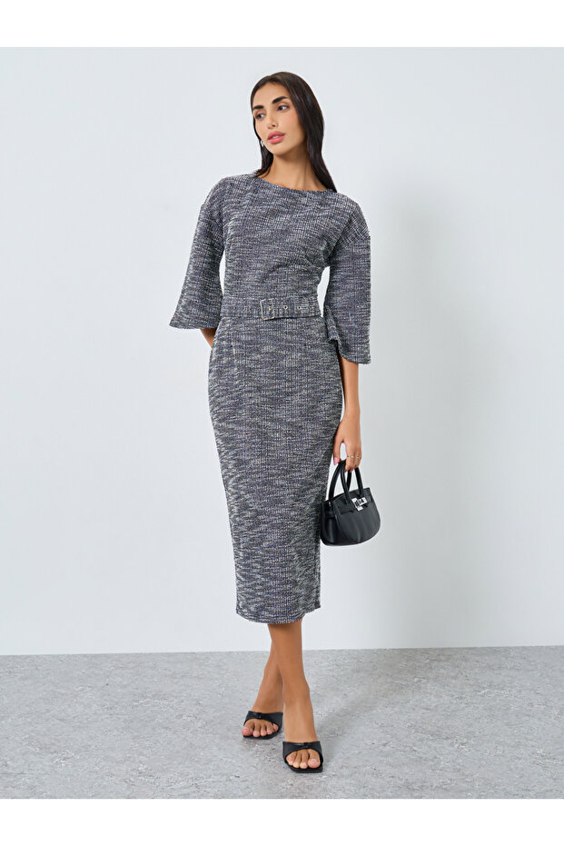 Tweed Bell Sleeve Belted Midi Dress
