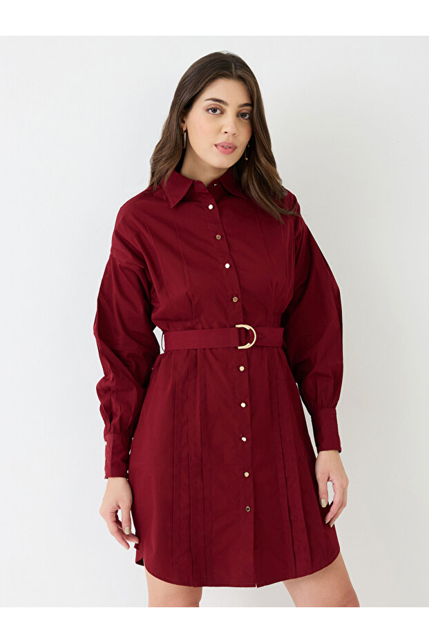 Maroon Collared Neck Pleated Mini Dress with Belt