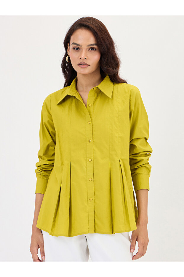 Citrine Green Poplin Pleated A-Line Shirt