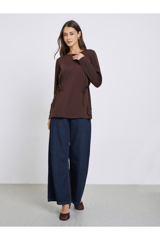 بلوزة محبوكة فضفاضة سادة مع أربطة - 2