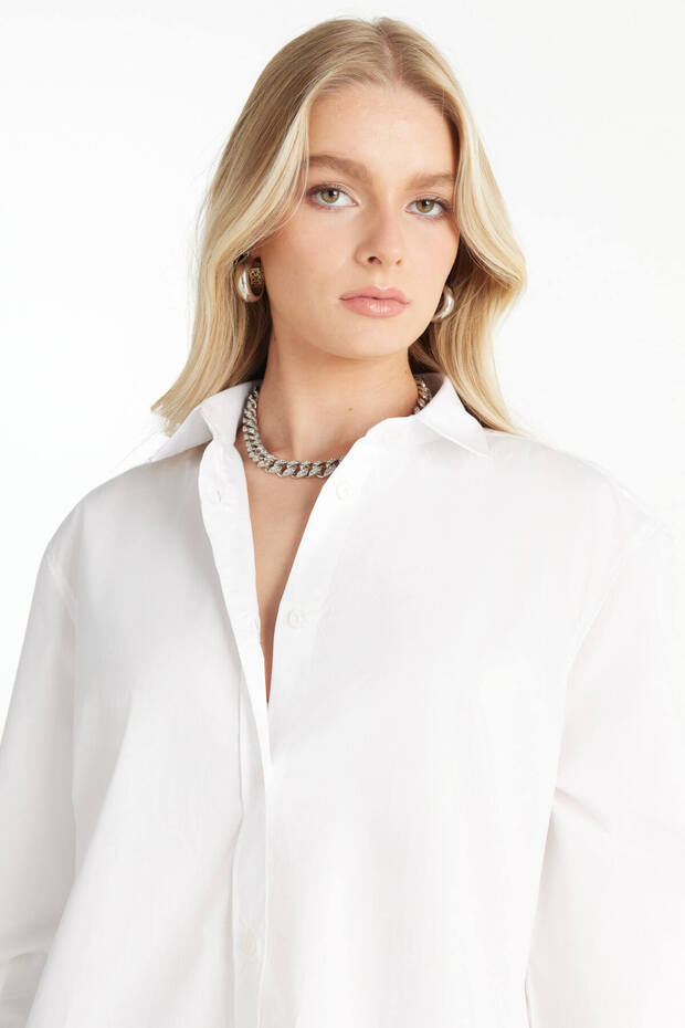 KIRIK BEYAZ OVERSİZE POPLİN GÖMLEK - 5