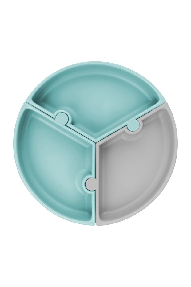 Vacuum Base Silicone Food Plate Puzzle - Aqua Green / Powder Gray
