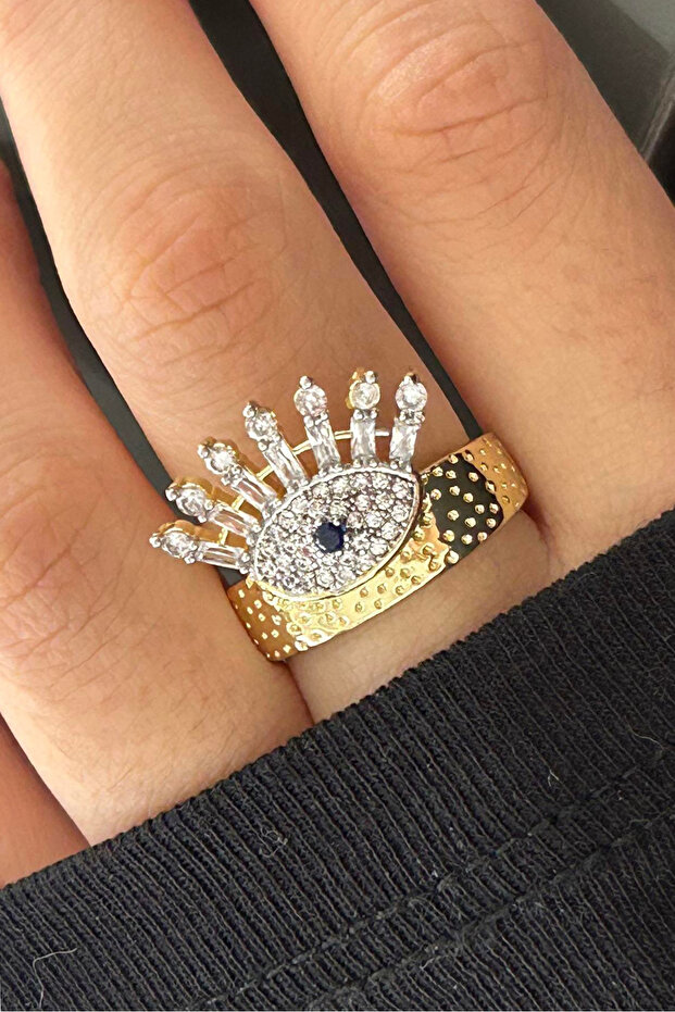 Gold Color Eye Figured Stone Detailed Adjustable Ring