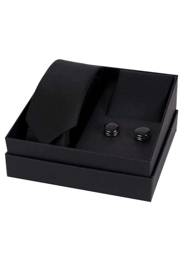 6 cm Hand Made Black Narrow Tie Handkerchief & Black Silver Color Enamel Cufflink Gift Set Hset:
