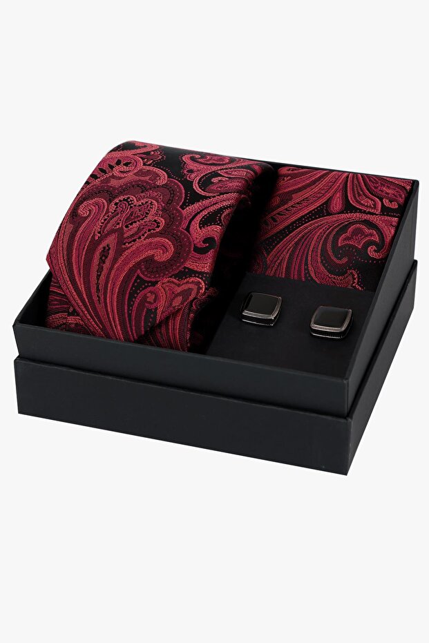 8 cm Hand Made Burgundy Black Shawl Pattern Tie Handkerchief & Black Square Cufflink Gift Set Hset: