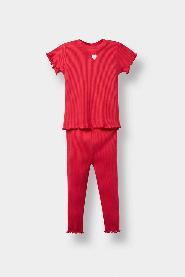 F3522A5Rd70 Red Baby Girl 2-Piece Set Heart Corded Fabric Ribbed Knit Short Sleeve T-Shirt Leggings