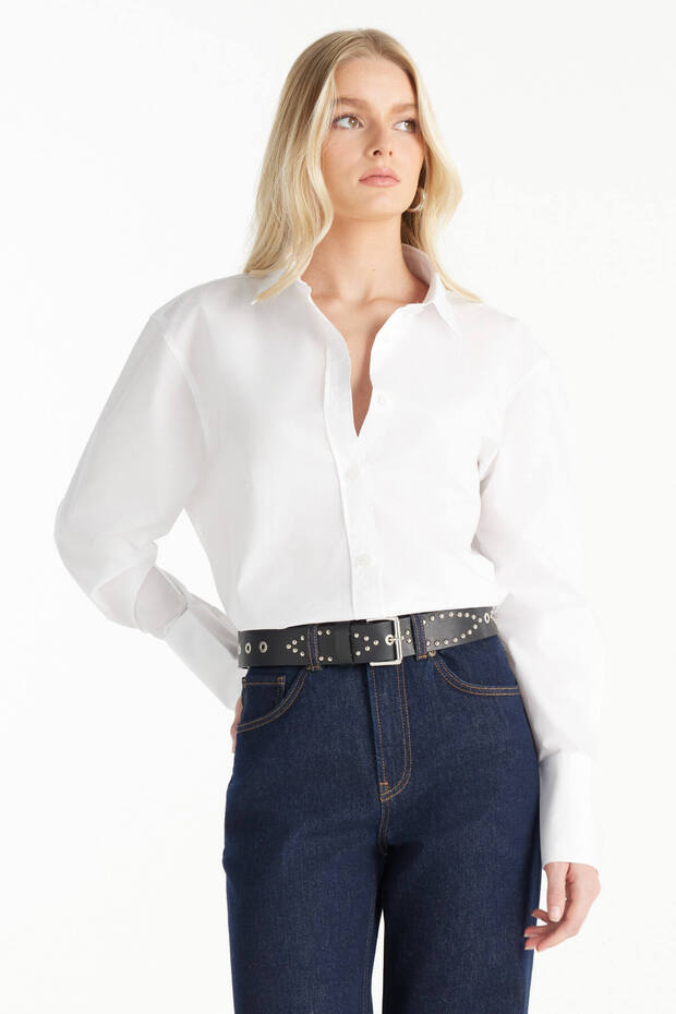 KIRIK BEYAZ OVERSİZE POPLİN GÖMLEK - 2