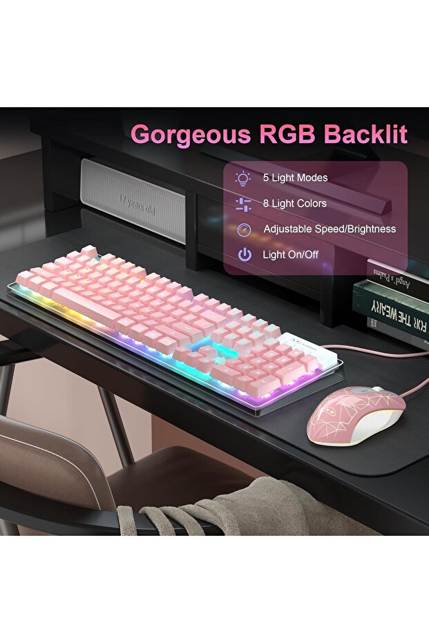 Gaming Keyboard and Mouse Combo, K1 RGB LED Backlit Keyboard with 104 Keys (Pink) - 3