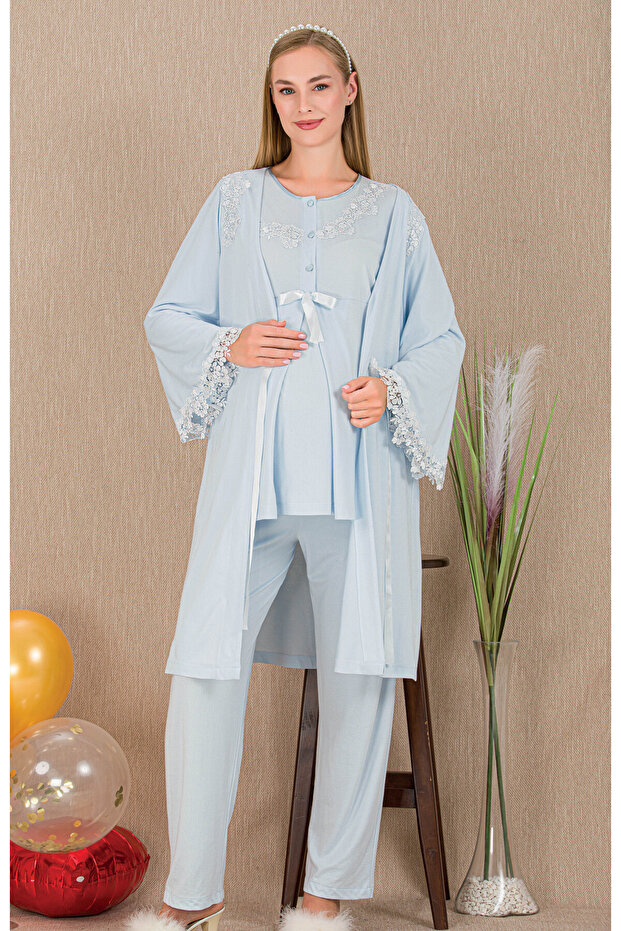 Lace Robe Maternity-Pregnant Pajama Set 3-Piece Set