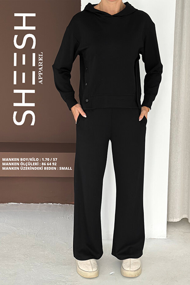 Soft Textured Black Modal Suit with Snap Detail on the Sides Hooded Sweatshirt Bottom Palazzo Pants