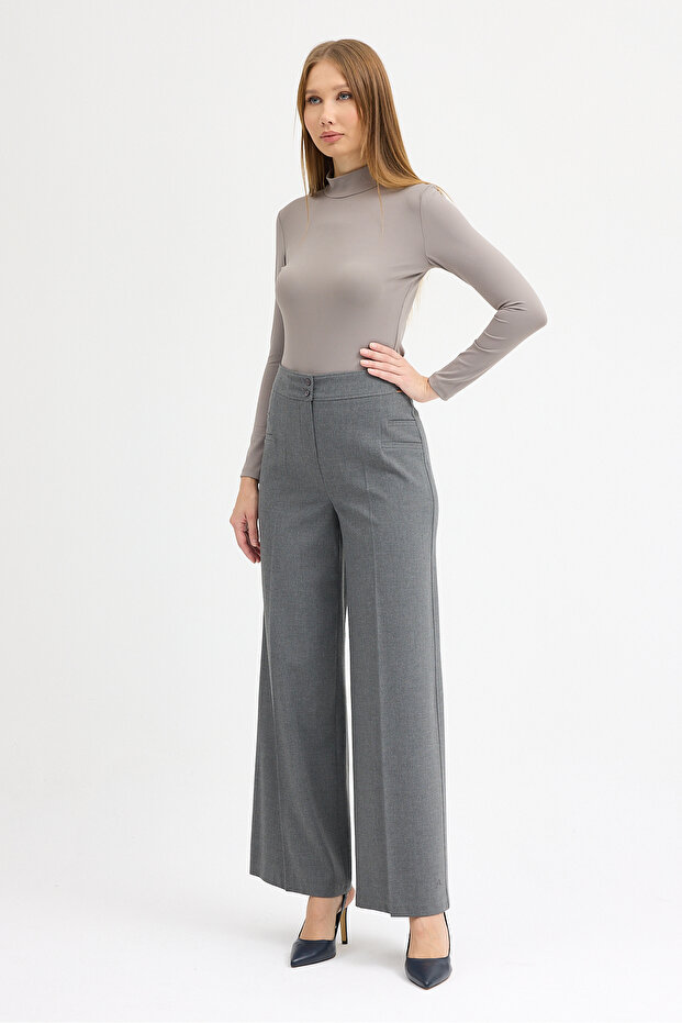 Wide Leg Cut-Out Detailed Fabric Trousers
