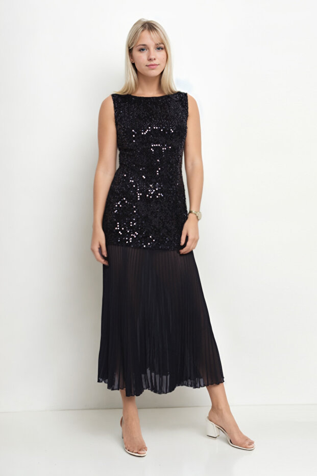 Eteği Tüllü Pullu Elbise - 5