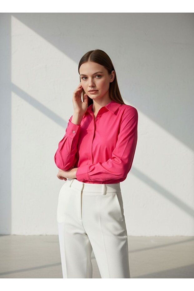 Kadın Basic Gizli Düğme Özellikli Gömlek - 3