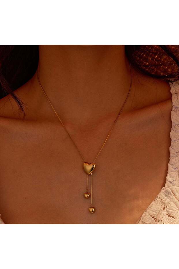 18 K Gold Plated Stainless Steel Y Shaped Heart Drop Necklace