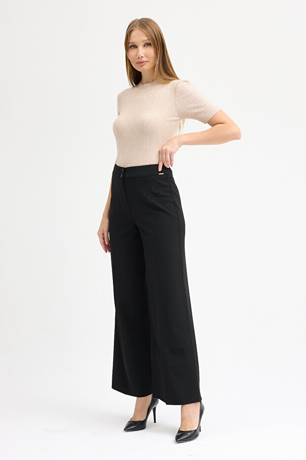 Wide Leg Cut-Out Detailed Fabric Trousers