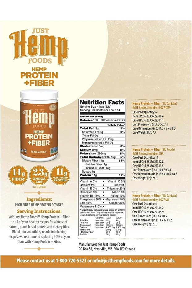 Hemp Protein Powder Plus Fiber, Non-GMO, 16 oz