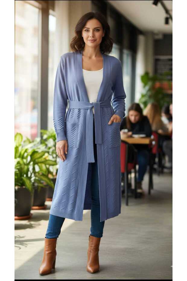 Long Sleeve Pocket Self-Patterned One Size Length 110cm Knitwear Cardigan