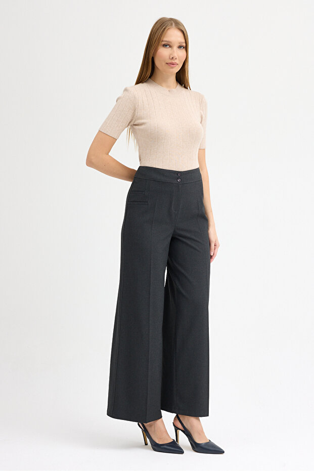 Wide Leg Cut-Out Detailed Fabric Trousers