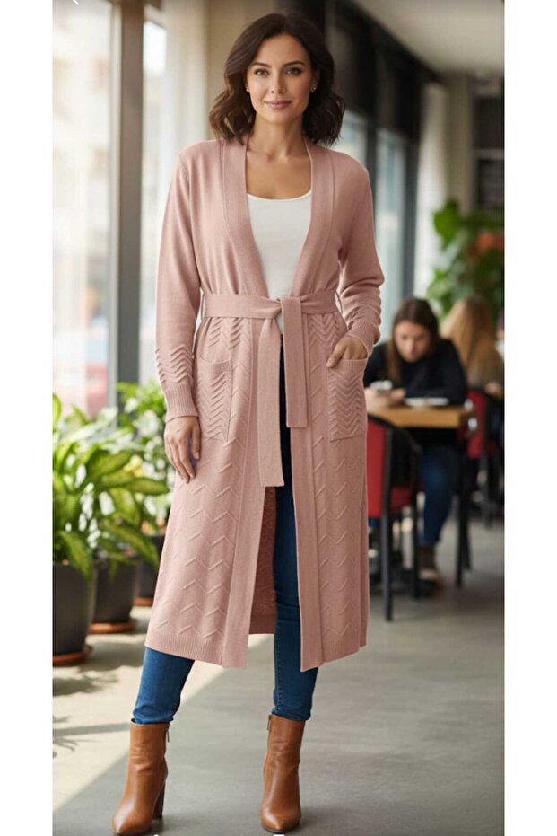 Long Sleeve Pocket Self-Patterned One Size Length 110cm Knitwear Cardigan