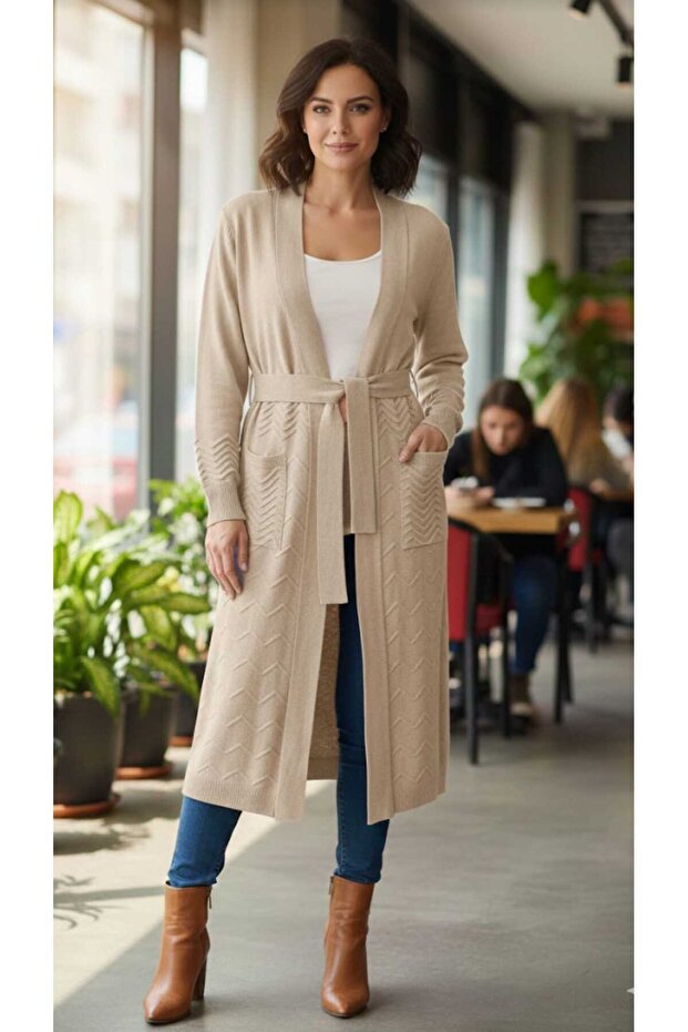 Long Sleeve Pocket Self-Patterned One Size Length 110cm Knitwear Cardigan