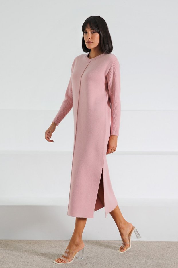Pink Side Slit Midi Length Crew Neck Cashmere Women’s Knit Dress