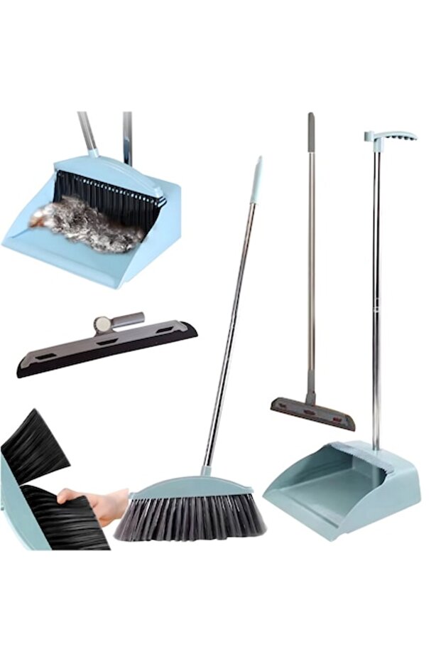 3-in-1 Cleaning Set – Long-Handle Broom, Dustpan with Teeth, Window Squeegee, Synthetic Bristles, - 1