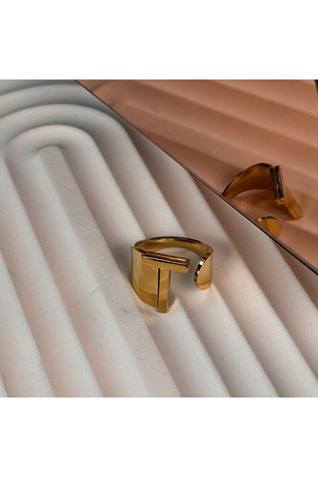Letter Adjustable Gold Color Steel Ring Letter t
