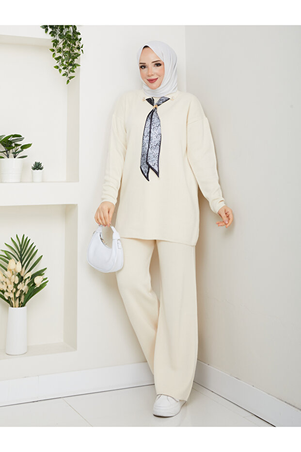 Knitwear Tunic Set with Scarf and Trousers