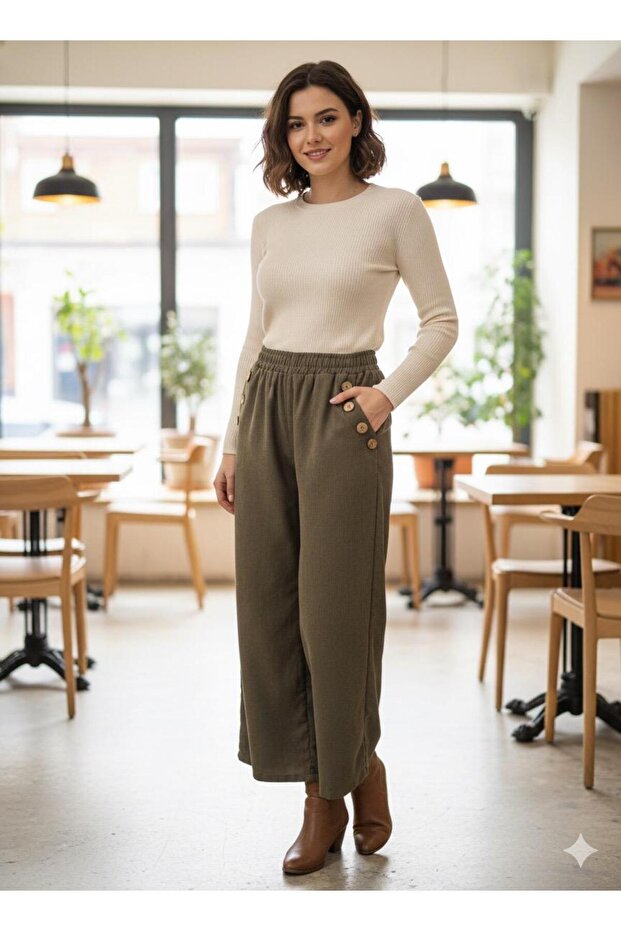 Women's Velvet Fabric Side Button Detailed Wide Leg Corded Fabric Pants
