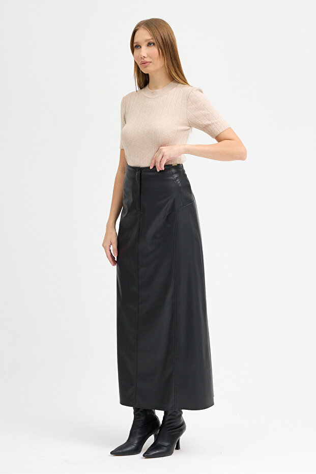 Premium Synthetic Leather Front Zippered Maxi Size Skirt