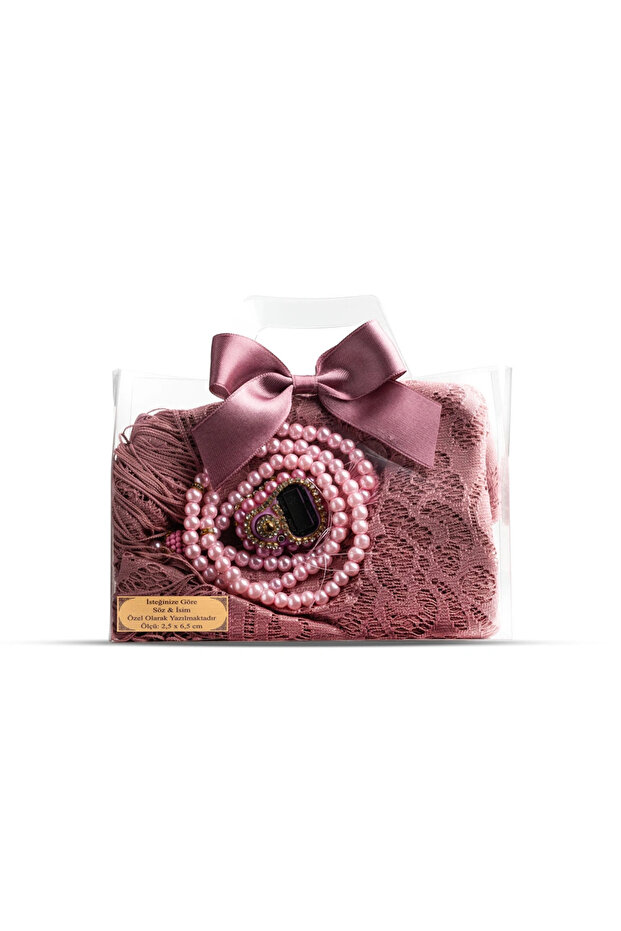Tasbih + Lace Shawl + Zikirmatik Gift Set (with Acetate Box, Pink)