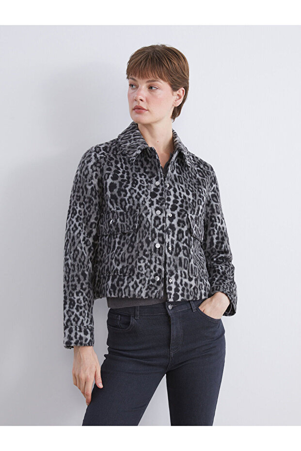 Vizyon New Season Shirt Collar Leopard Patterned Women's Cashmere Jacket