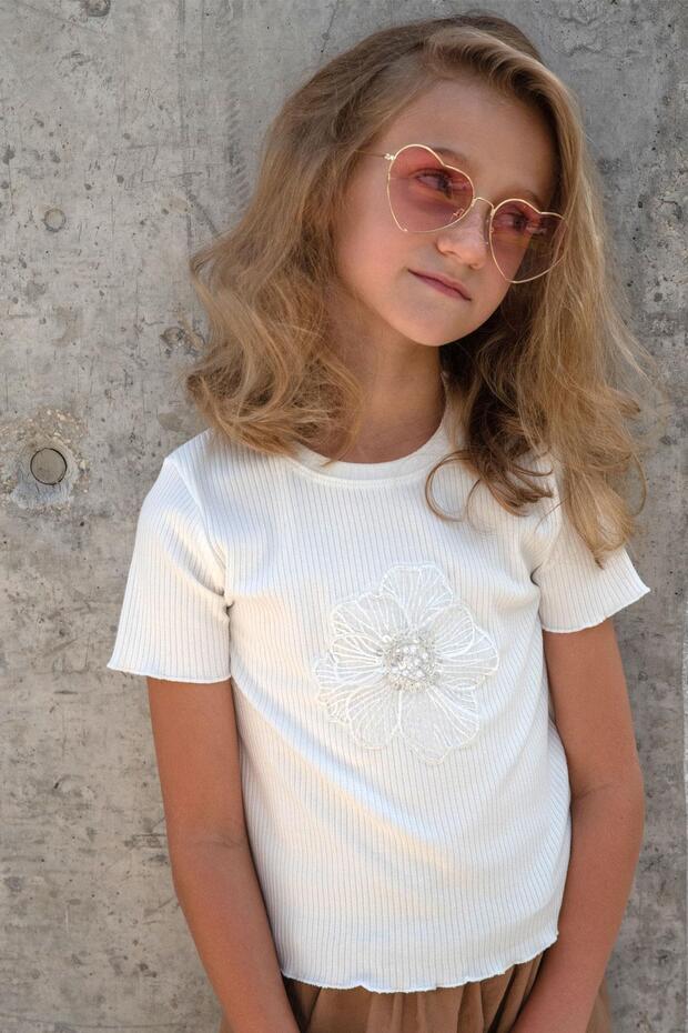 Girl's T-Shirt with Tulle Flower Embroidery, Beaded Accessories, Belt, Size 8-14 Years, Ecru