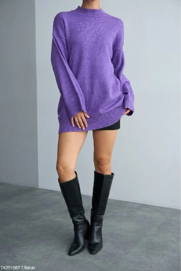 Yüksek Yaka Oversize Triko Kazak - 1