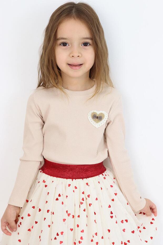 Girl's Long Sleeve T-Shirt with Heart Emblem and Bow, Ages 5-10, Beige