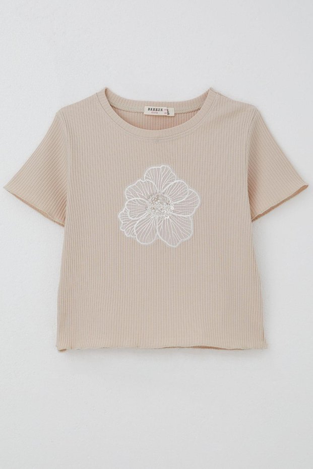 Girl's T-Shirt with Tulle Flower Embroidery, Beaded Accessories, Belt, Size 8-14 Years, Beige