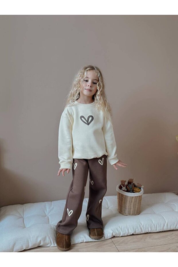 Girl Child Heart Pattern Three Yarn Fleece-Lined Winter Squishy Brown Suit