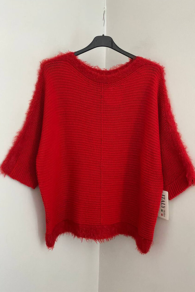 Women's Italian Red Round Neck Plain Pattern Fringe Detail Three Quarter Sleeve Bearded Blouse Sweater