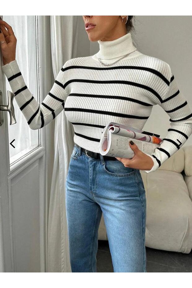 سترة مخططة ذات رقبة عالية - 2