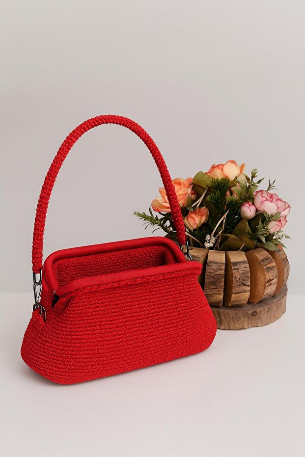 Bag Red Hand Knitted Macrame - 4