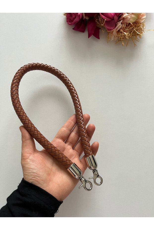 Tan Color Faux Leather Strap for Knitted Bags with Silver Color Metal