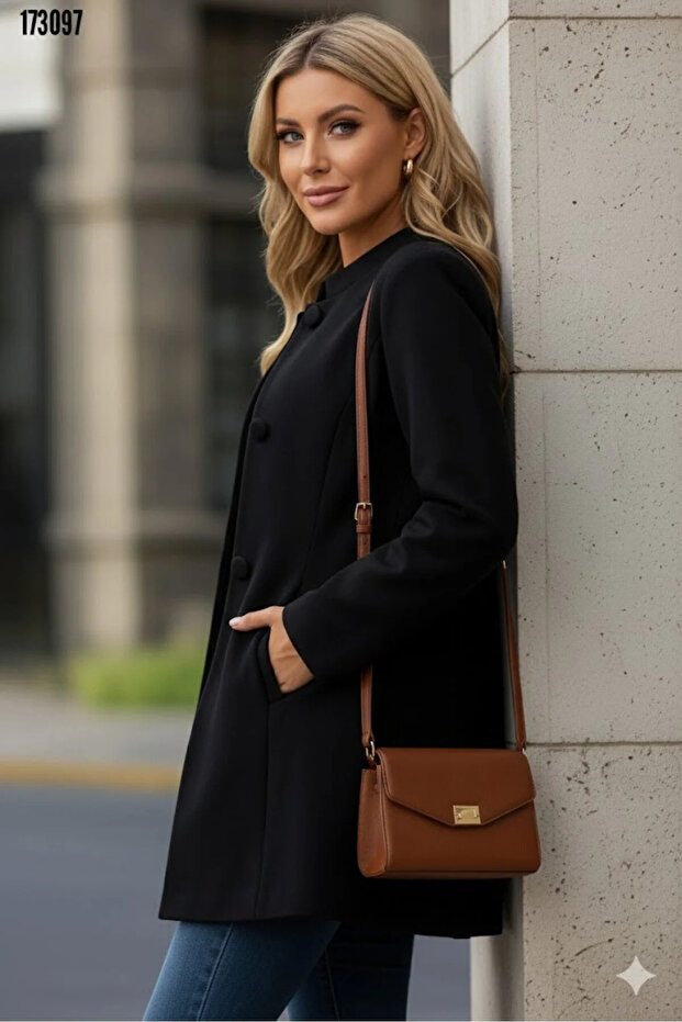 Women's Stylish Short Cashmere Coat with Court Collar, Front Button Detail, and Pockets
