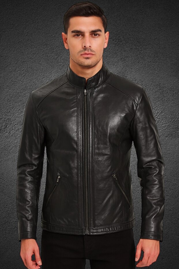 Genuine Lambskin Leather Men's Leather Coat (Black)