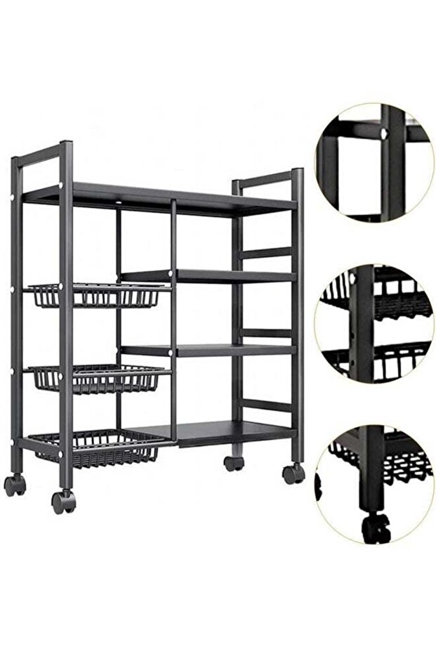 4-Layer Kitchen Storage Rack with 3 Mesh Baskets, Wheels — Black