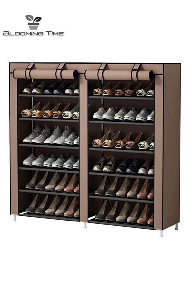 Double Row Non Woven Simple Shoe Rack, Simple Installation, Large Space Capacity, Brown