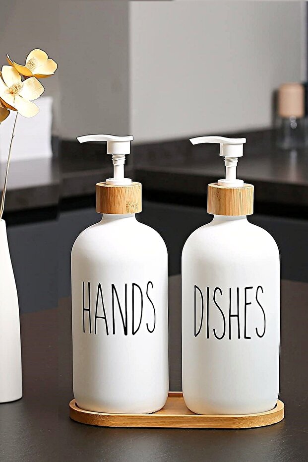 Set of 2 Soft White Decorative Kitchen Bathroom Liquid Glass Soap Dispenser Set with 500ml Bamboo Stand