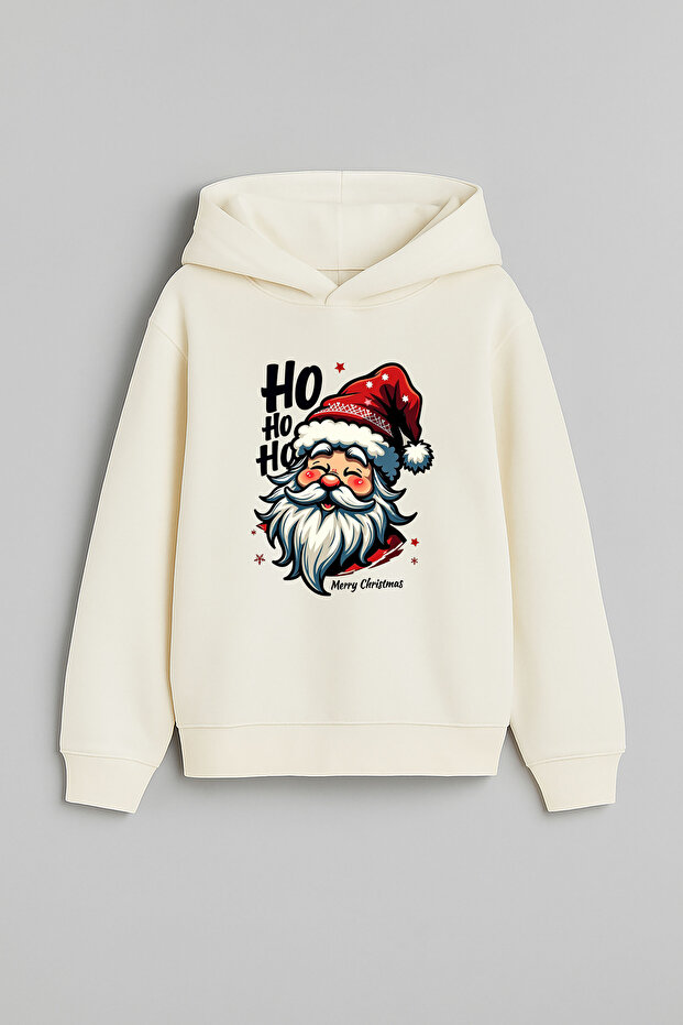 2026 New Year Santa Claus Christmas Printed Ecru Hooded Sweatshirt